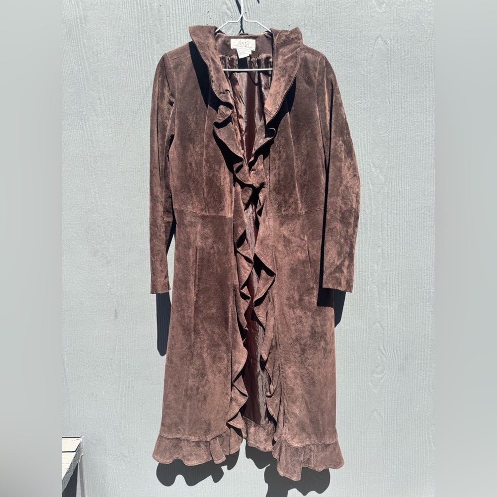 Aria Brand Vintage 70s Chocolate Brown Suede Leather Duster Jacket Size MD